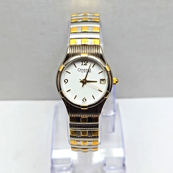 Womens CARAVELLE by BULOVA Date Gold Silver Two Tone Watch Stretch New Battery - Picture 1 of 10